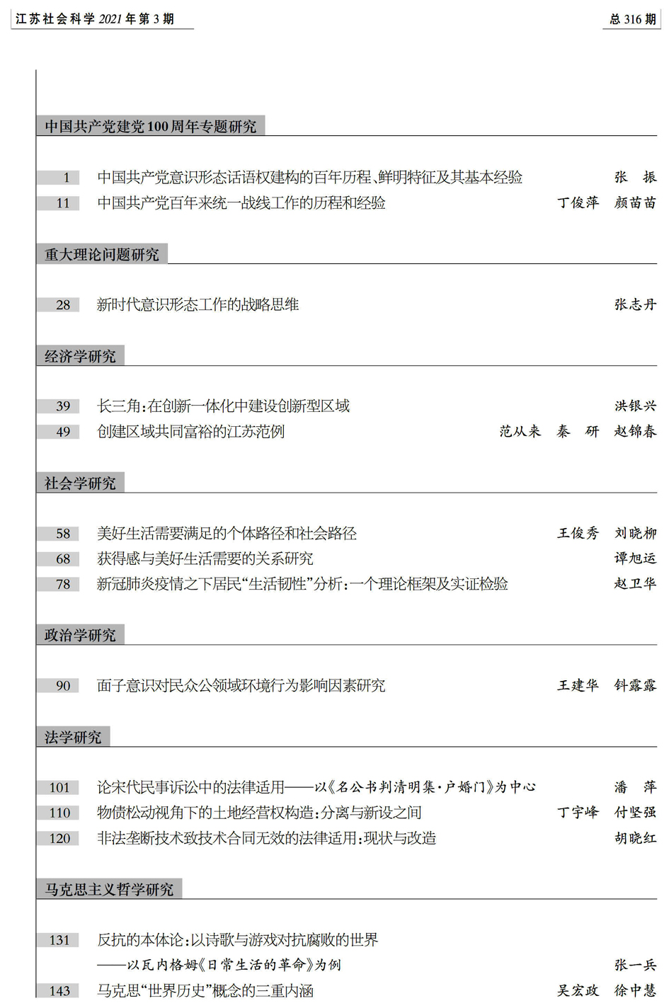 2021年第3期目录（《江苏社会科学》）