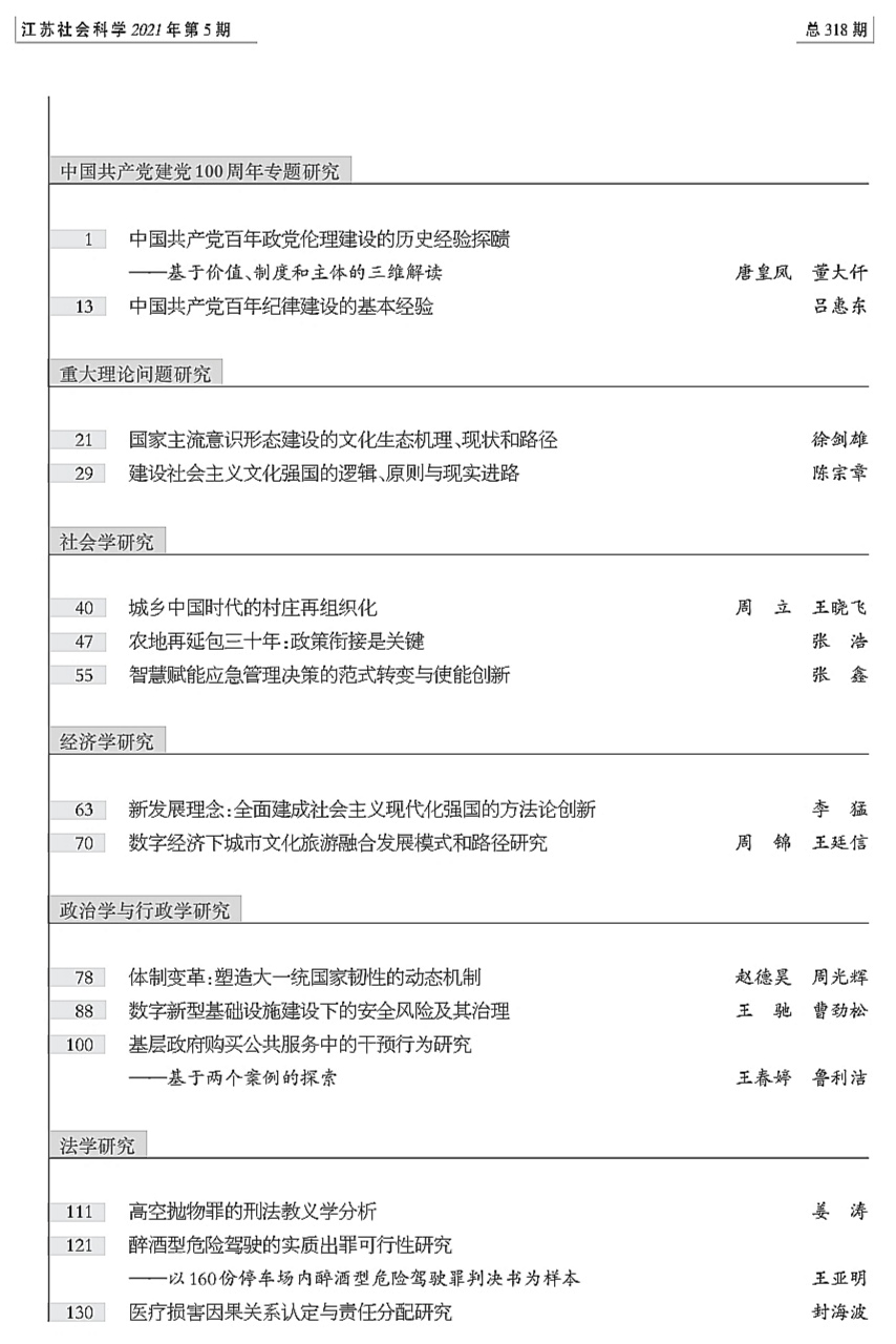 2021年第5期目录（《江苏社会科学》）